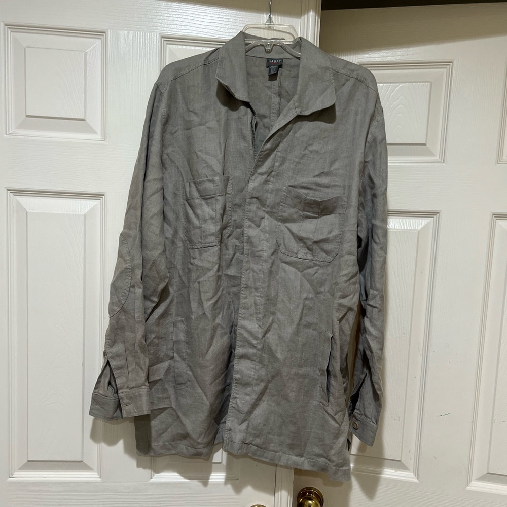 Haupt Germany Linen Button‎ Down Mens Large Long Sleeves Gray Shirt Patch Elbow
